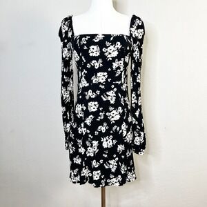 Sezane Mini Dress Carola Black‎ White Floral Square Neck Long Sleeve Size 36 / 4